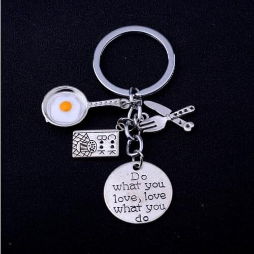 Chef Keychains Cook Book Egg Knife And Fork Charm Pendant Key Rings Engraved Words Do What You Love Love What You Do Keyrings