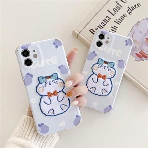 Retro kawaii plush embroidery art cat japanese Phone Case For iPhone 12 11 Pro Max Xr Xs Max 7 8 Plus 7Plus case Cute Soft cover