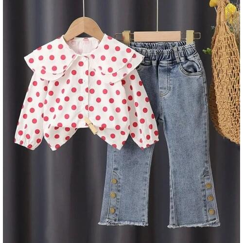 Kids Clothing Sets for Girls Baby Children Cotton Tops Denim pants 2 pcs Kids Round Neck Polka Dot Suits Baby Casual Outfit