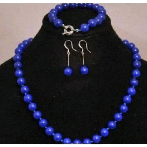 Hot sale 1set 10mm Blue Egyptian Lapis Lazuli Gems Necklace 18'' Bracelet 7.5'' Earring