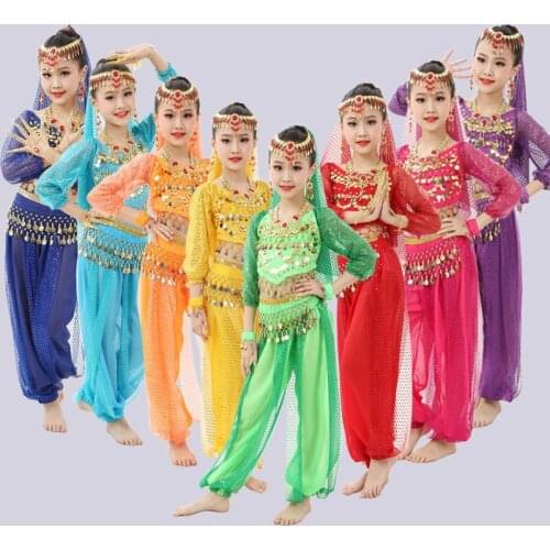 Bollywood Dance Costumes Set Indian Bollywood Kids Dresses 5pcs (Headpieces Veil Top Belt Skirt) Children Belly Dance skirt
