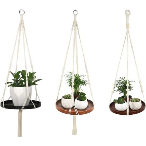 Macrame Plant Hanger Indoor Hanging Planter Shelf Rack Decorative Flower Pot Holder Cotton Rope with Wood Plate