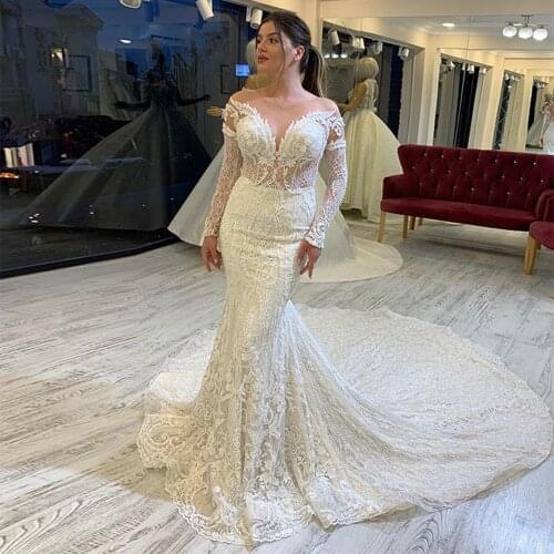 New Mermaid Lace Bride Wear Ivory V-Neck Full Sleeveless Garden Wedding Dress Backless