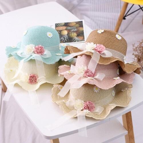 New Trendy Sweet Pot Dot Candy Color Marguerite Dress Up Bow Wide Brim Baby Girl Straw Sunhat Purse Hat Bag Set for Outdoor