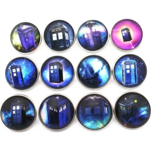 New Arrived 12pcs/lot High Quality Glass Doctor Who Police Box Snap Buttons Charms Fit 18mm Snap Necklace Bracelet DIY Jewelry
