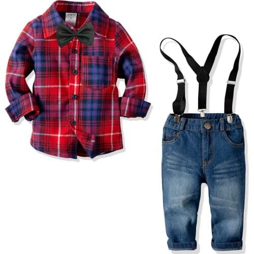 Oklady 2019 New Arrival Boys Suit Shirt +pants 2pcs/set Jeans Plaid Cardigan Jacket Gentleman Suit Denim Kids Clothes Set