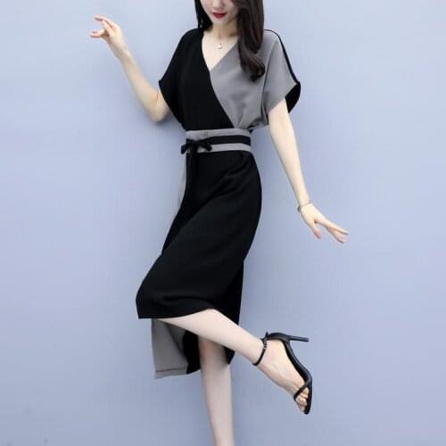 Plus Size Women Summer Dress Elegant Fashion V-neck Short Sleeve Empire Split Patchwork Lady Mid-Calf Dresses Waist Banding