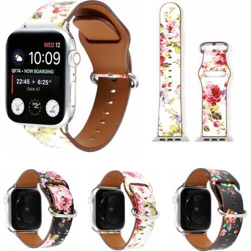 Foral Flower Band For Apple Watch Series 5 4 3 2 1 40mm 44mm Printed Genuine Leather Strap for iWatch 38mm 42mm Watchbands