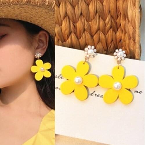 Flower Earrings Imitation Pearl Yellow Earrings For Girls Korean Sweet Ear Pendant Party Jewelry Accessories Gift