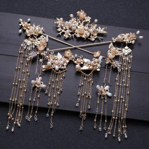 Ancient Bride Hairpin Headdress Phoenix Crown Kanzashi Retro Hanfu Chinese Costume Headwear Set Wedding Step shake Hair Ornament