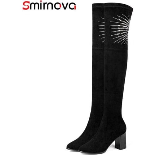 Smirnova BIG SIZE 33-45 2018 HOT fashion zip kid suede boots pointed toe over the knee boots for women rhinstone winter boots