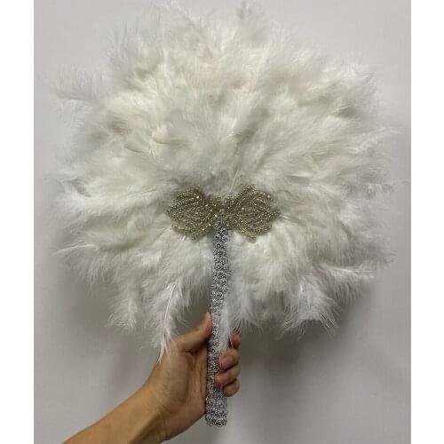 Golor Custom African Wedding Feather Hand Fan with Stones Feather Dance Fan Handmade Bride Hand Held Photo Props Wedding Favors