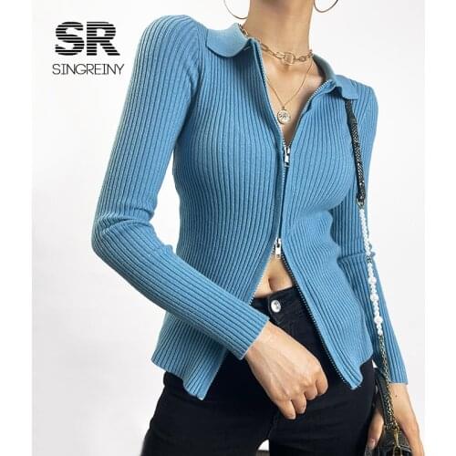 SINGREINY Autumn Zipper Knitted Sweater Women Turndown-Collar Long Sleeve Elastic Knitted Tops Winter Fashion Basic Sweaters