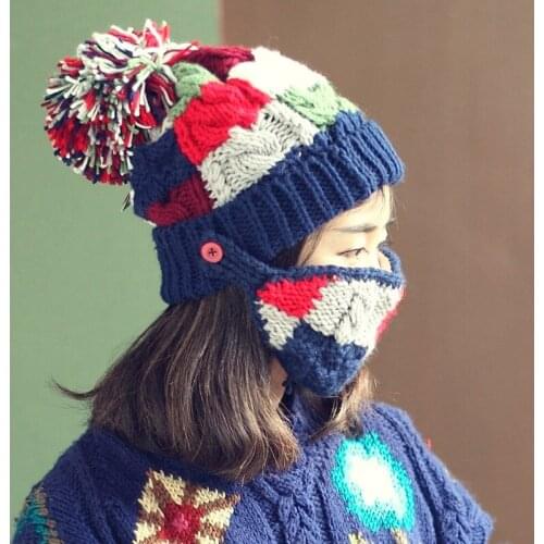 BomHCS 100% Handmade Winter Warm Thick Beanie with Mask Knitted Hat Caps