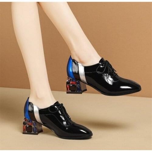 Womens Shoes, Single Shoes, Color Rhinestones and Summer and Autumn Bright Leather Womens English Style Leather Shoes