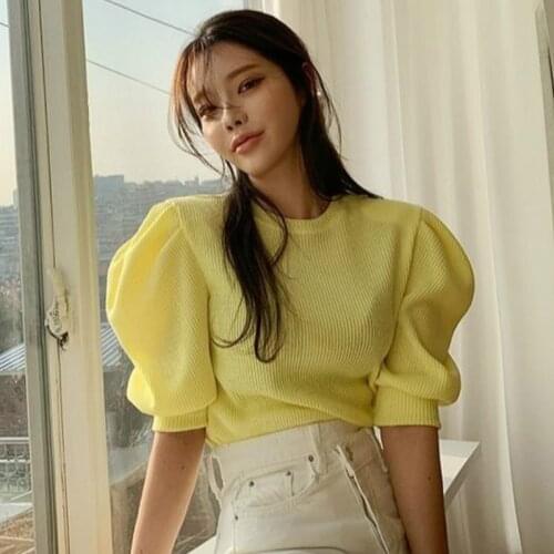 Vintage Fashion Sweet Women Knit Sweaters Korean O Neck Puff Sleeve Sueter Mujer Autumn Office Lady Solid Elegant Jumper Femme