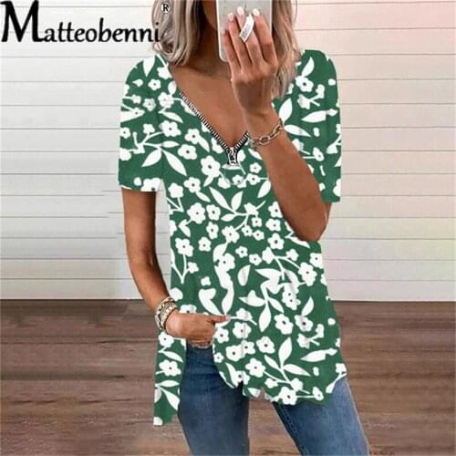 2021 Summer Womens Zipper V Neck Floral Printed Short Sleeved T-Shirt Ladies Fashion Casual Loose Tops Women Plus Size Clothing