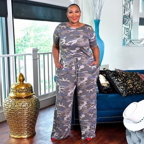 CM.YAYA Women Active Wear Camouflage Print O-neck Short Sleeve Straight Jumpsuit Plus Size XL-5XL One Piece Overall Rompers