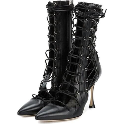 Sestito Women Sexy Black Cut-outs Pointed Toe Sandals Boots Female Cross-tied High Heels Ankle Boots Girls Lace-up Dress Shoes