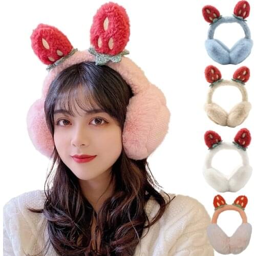 Women Student Winter Fluffy Plush Earmuffs Cute Cartoon 3D Strawberry Ears Earflap Foldable Portable Ear Warmers Covers Headban
