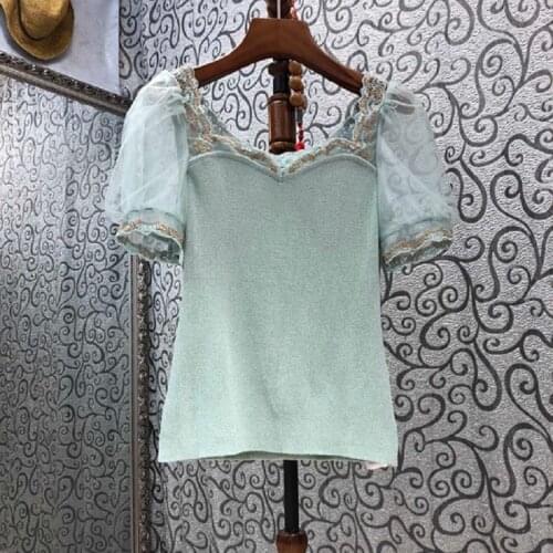 2021 Summer Fashoin Sweaters & Pullovers High Quality Ladies Sexy Square Collar Sexy Tulle Mesh Patchwork Casual Green Jumpers