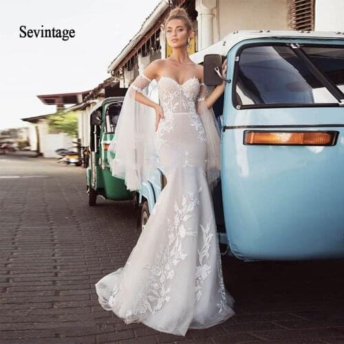 Sevintage Long Detachable Flare Sleeve Mermaid Wedding Dresses 2020 Boho Sweetheart Lace Appliques Bridal Gowns robe de mariée