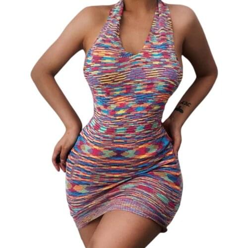 Women Backless Knitted Dress, Multicolor Halter Neck Sleeveless Close-fitting S/ M/ L