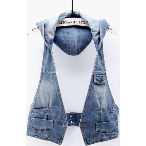 Vintage Denim Vest Women Hooded Short Spring Summer New Korean Plus Size Slim Sleeveless Jacket Waistcoat Women Jeans Vest H390