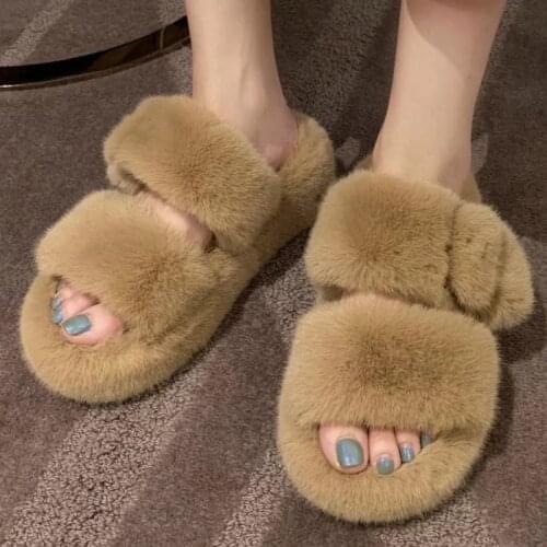 2021 Platform Fluffy Home Slippers Women Faux Fur Slippers Cozy Furry Slides Open Toe Slip-On Soft Slipper Floor Plush Warm Shoe