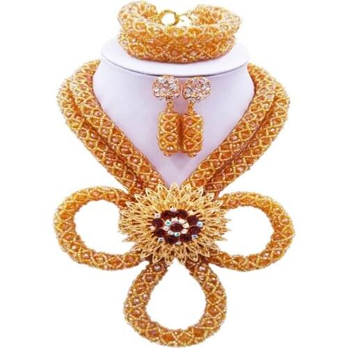 ACZUV Champagne Gold AB African Beads Jewelry Set Beaded Crystal Necklace Bracelet Earrings BZHX-002
