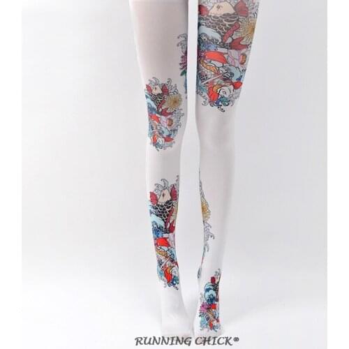Chinese carp and chrysanthemum printing retro white women pantyhose
