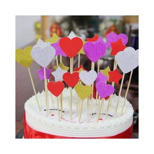 Glitter Happy Birthday Cake Topper Heart Shape Colorful Cake Topper Flag Decoration for Birthday Party Wedding Supplies 10pcs