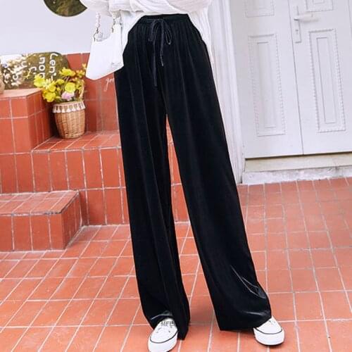 Size 7XL 150kg Wide Leg Pants For Women Autumn Winter Black Pleuche Pants High Waist Long Loose Trousers Soft Pants Femme
