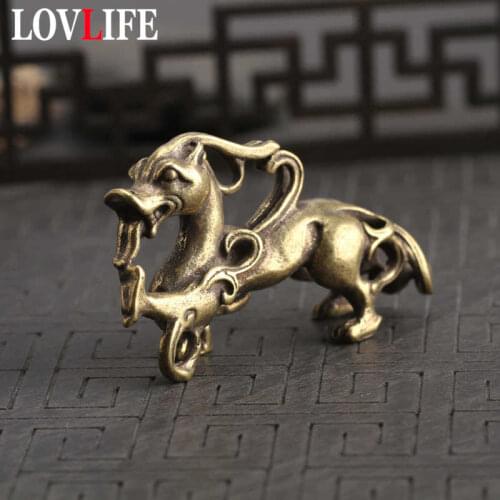 Pure Copper Chinese Zodiac Dragon Keychain Pendants Vintage Brass Animal Model Crafts Key Chains Hanging Decoration Key Rings
