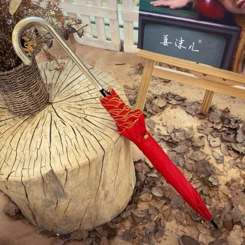 Women Automatic Umbrella Long Handle Vintage Red Embroidery Umbrella Windproof Japan Paraguas Grande Household Products EF50UB