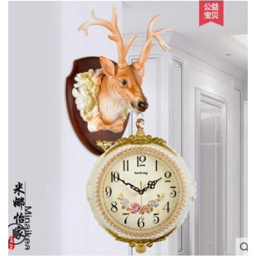 Head Arts Crafts Continental retro double living room wall hanging clocks creative animal deer wall decoration large silent watc