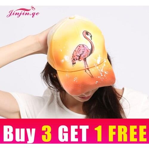 Jinjin.QC Yellow Gradient Flamingo Hand Paint Baseball Cap Cotton Unisex Adjustable Caps and Hats Original Design Drop Shipping
