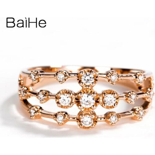 BAIHE Solid 14K Rose Gold 0.2CT Certified H/SI Round 100% Genuine Natural Diamonds Wedding Women Trendy Fine Jewelry gift Ring