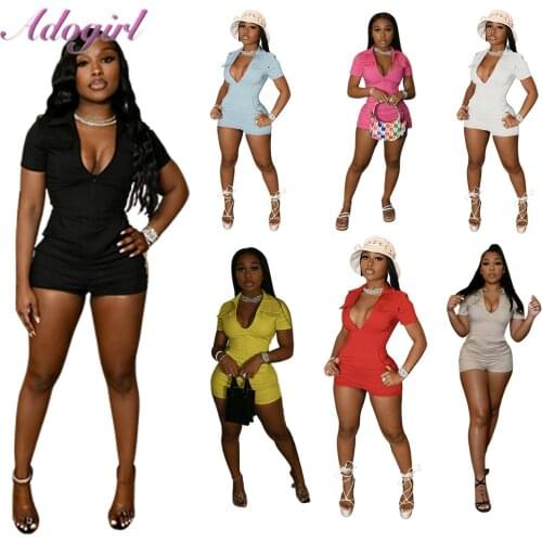 Fitness Sportwear Rompers Women Solid Pockets Short Sleeve Workout Playsuit Sexy Turn Down Collar V Neck Outfit Jumpsuit Overall