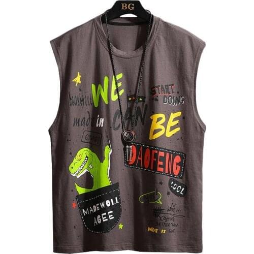 BANNAJI Men`s Fashion T Shirts Sleeveless Printed Cartoon Cute Dinosaur Street Style Hip Hop Harajuku Tees For Man and Women