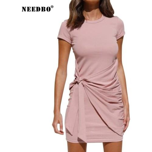NEEDBO Solid Color Dress Women Summer Sexy High Waist Dress Short Sleeve Bow Irregular Women Party Clothing Sundress 2021 New