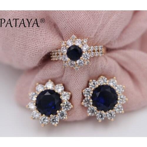 PATAYA Original Design Dark Blue Sunflower Round Natural Zircon Earrings Rings Sets 585 Rose Gold Women Wedding Luxury Jewelry