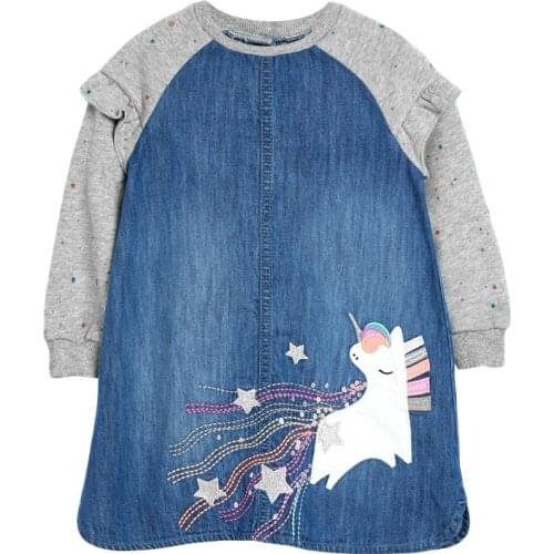 Frocks for Girl Autumn Toddler Clothes Denim Casual Cotton Vestiods Unicorn Star Applique Jean Contrast Dress for Kids 2-7 Years