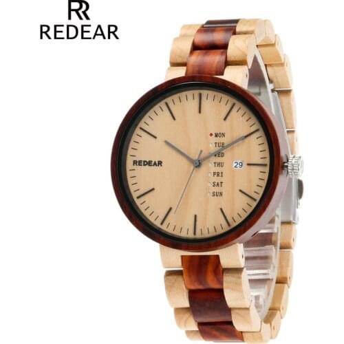 REDEAR Hot Sell Newest Wood Watch with Week Show Date Display Quartz Watches Two-tone Wooden Wristwatch Mens Watch Wedding Gifts