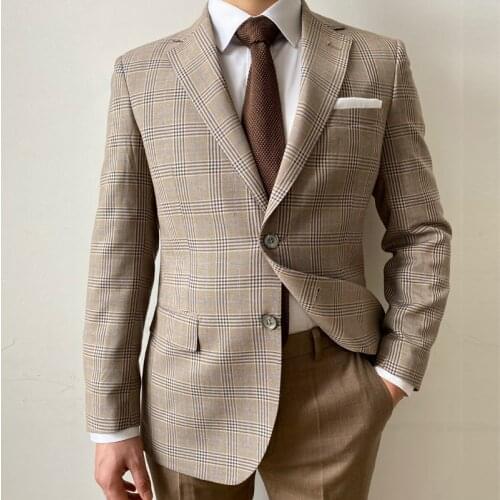 RICODESIGN mens fashion slim fit causal check khaki suit jacket business formal suit two buttons handmade customed tailored