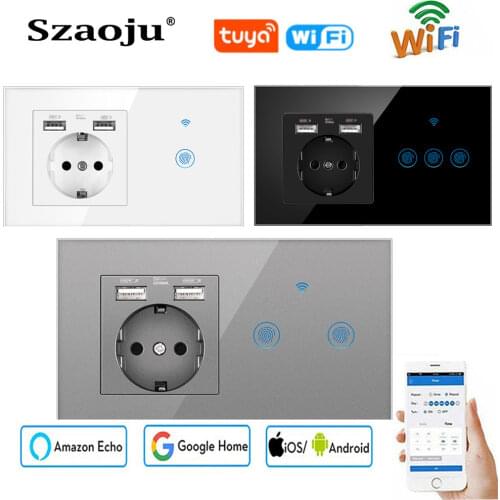 Tempered Crystal Glass 433MHz Wall Panel Light Touch Smart Switch With USB Socket Combination Sensor Button German Plug 16A 220V