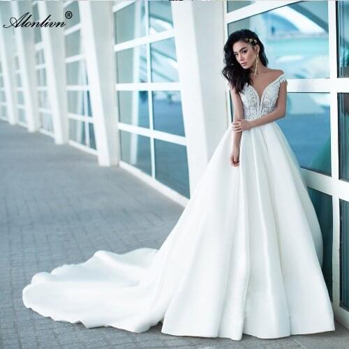 Alonlivn High-end Lustrous Satin Lace Up A-Line Wedding Dresses V-Neck Cap Sleeves Bridal Gowns With Beaded Pearls Appliques