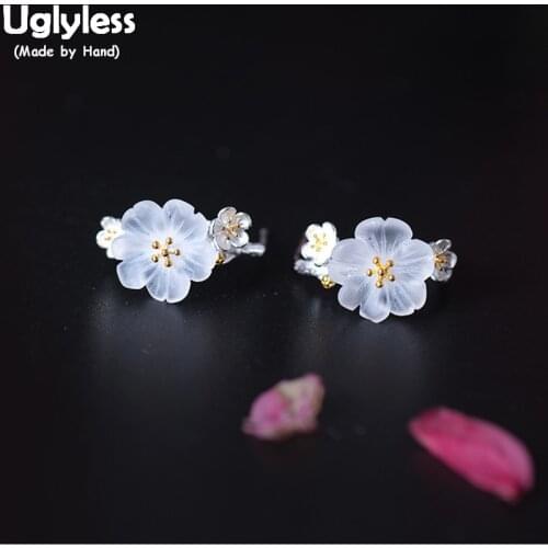 Uglyless 100% Real 925 Sterling Silver Flowers Stud Earrings for Women Crystal Plum Blossom Studs Romantic Floral Brincos Bijoux
