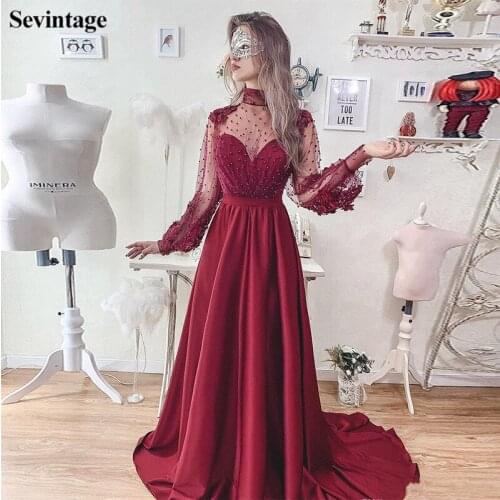 Sevintage A-Line High Heck Satin Evening Dresses Lace Appliques Beaded Long Sleeves Prom Dress Illusion Tulle Body robe femme