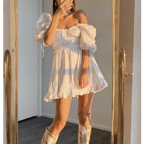 Women Summer Ruffle A-line Mini Dress Solid Color Square Neck Short Sleeve High Waist Ruched Chest Party Sweet Vestidos Party